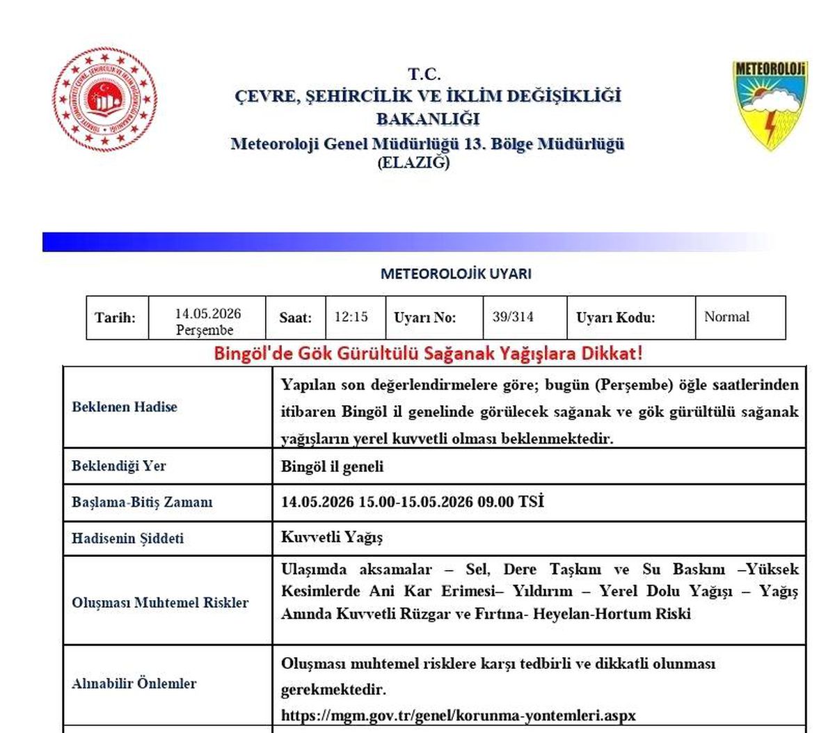 Bingöl\'de Gök Gürültülü Sağanak Uyarısı
