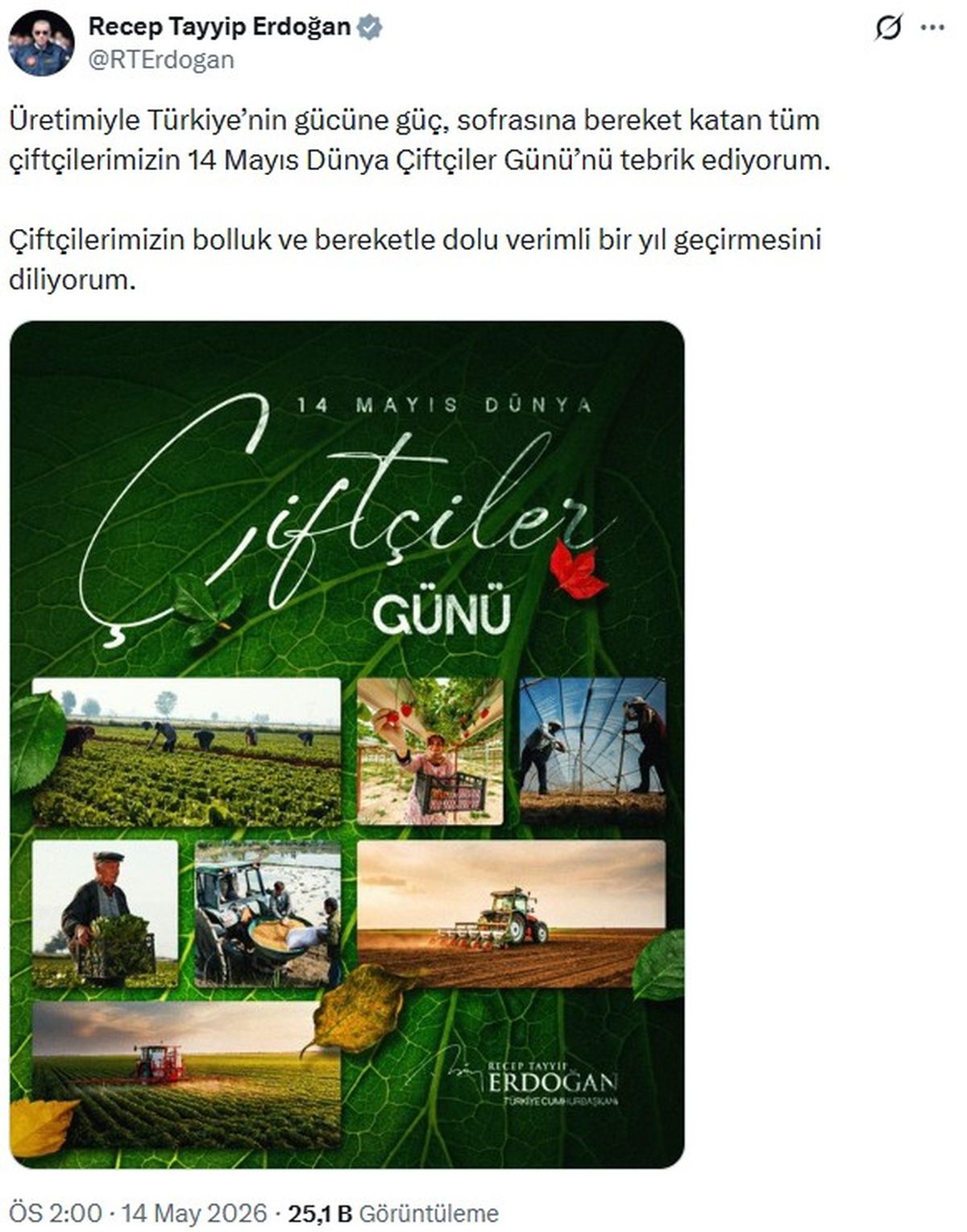 Erdoğan\'dan Dünya Çiftçiler Günü mesajı