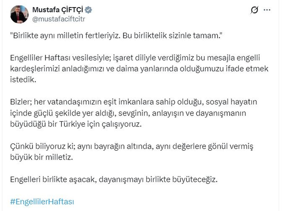 Bakan Çiftçi\'den Engelliler Haftası Mesajı