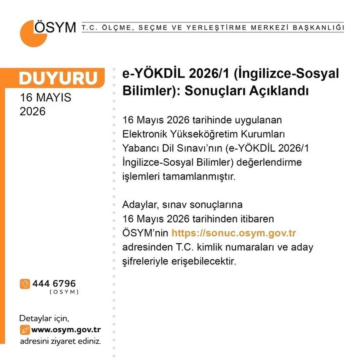 ÖSYM e-YÖKDİL 2026/1 sonuçları açıklandı