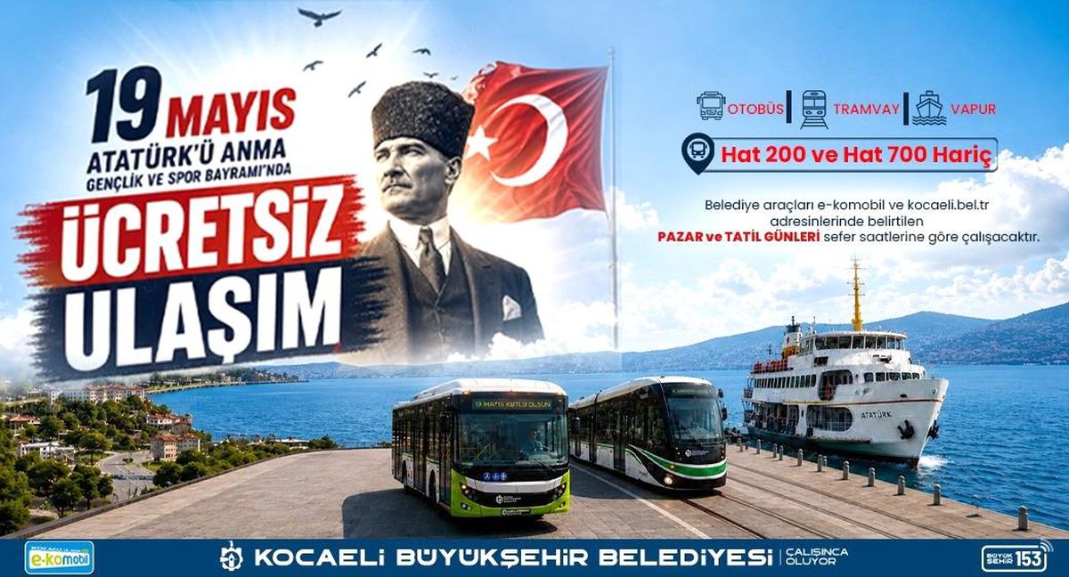 Kocaeli\'de 19 Mayıs\'ta toplu taşıma ücretsiz olacak
