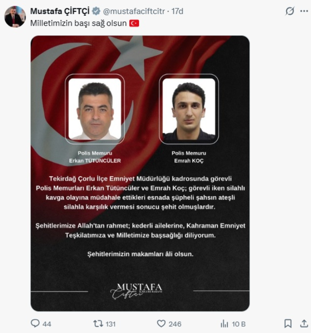 Tekirdağ Çorlu'da çıkan çatışmada 2 polis memuru şehit oldu