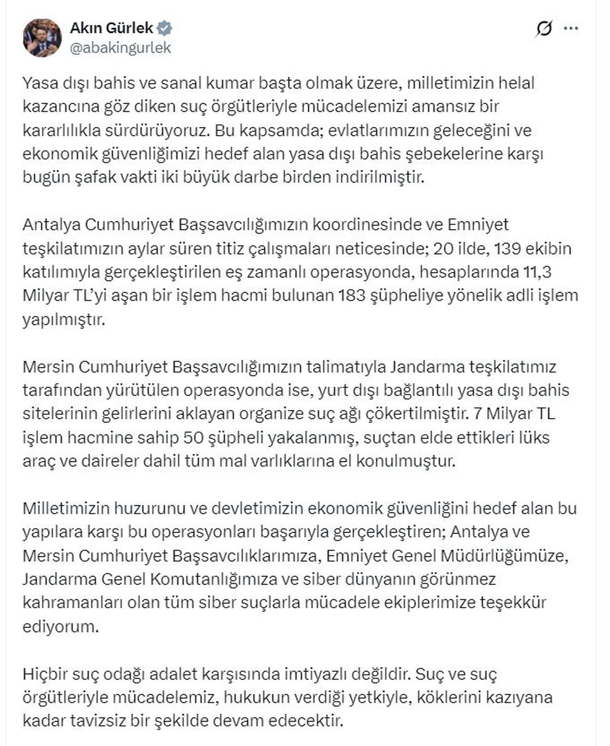 Bakan Gürlek: Yasa Dışı Bahis Operasyonlarında 233 Şüpheli Yakalandı