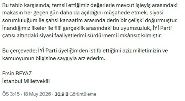Milletvekili Ersin Beyaz, İYİ Parti'den istifa etti