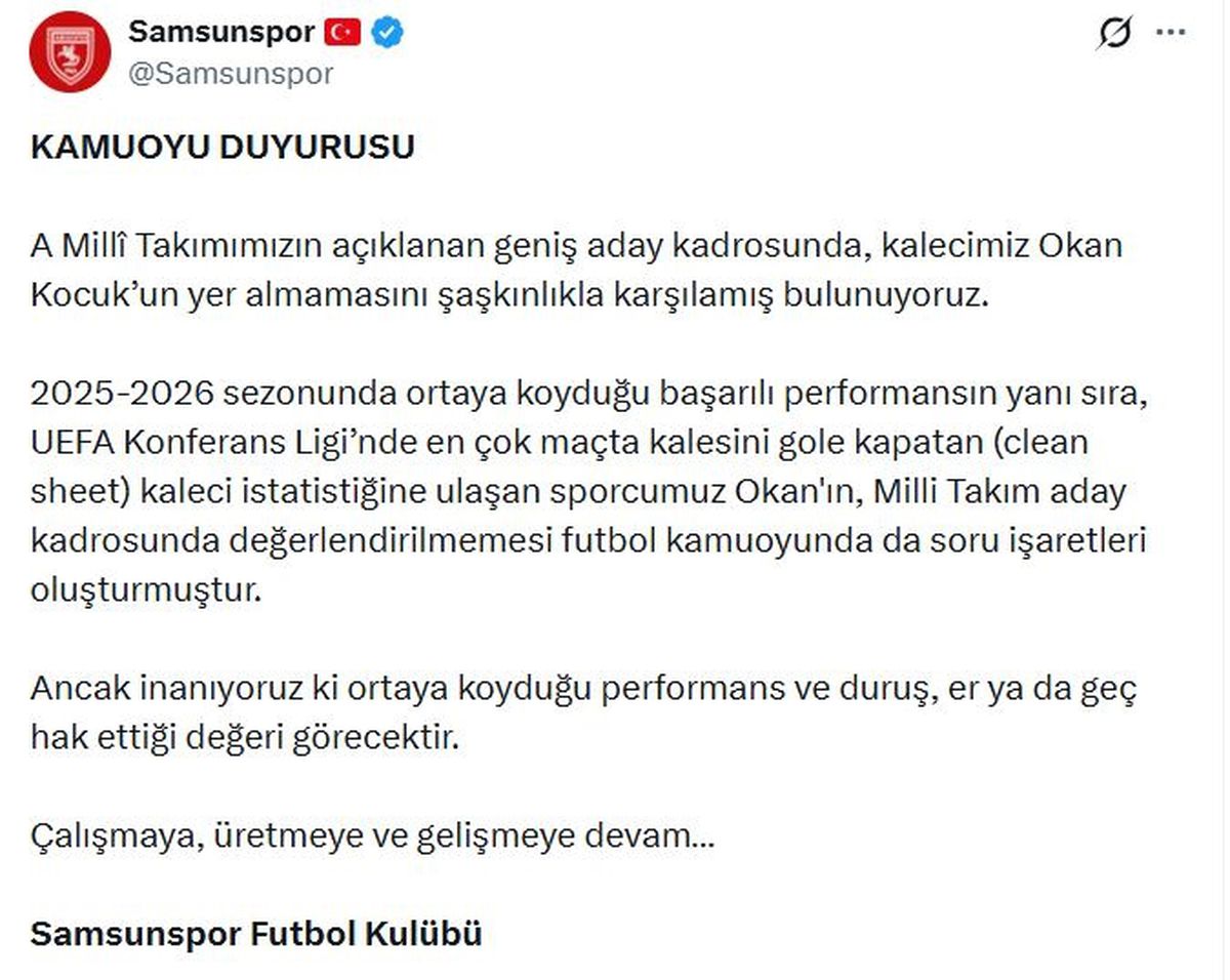 Samsunspor\'dan Okan Kocuk\'a Destek