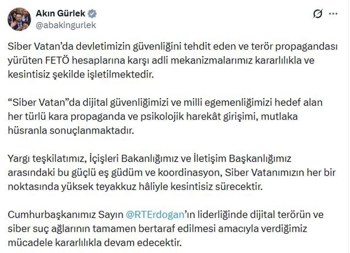 Bakan Gürlek: FETÖ hesaplarına karşı mücadele kararlılıkla sürecek