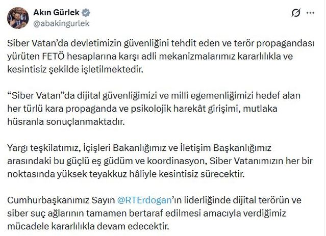 Bakan Gürlek: FETÖ hesaplarına karşı mücadele kararlılıkla sürecek