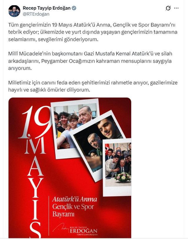 Cumhurbaşkanı Erdoğan'dan 19 Mayıs mesajı