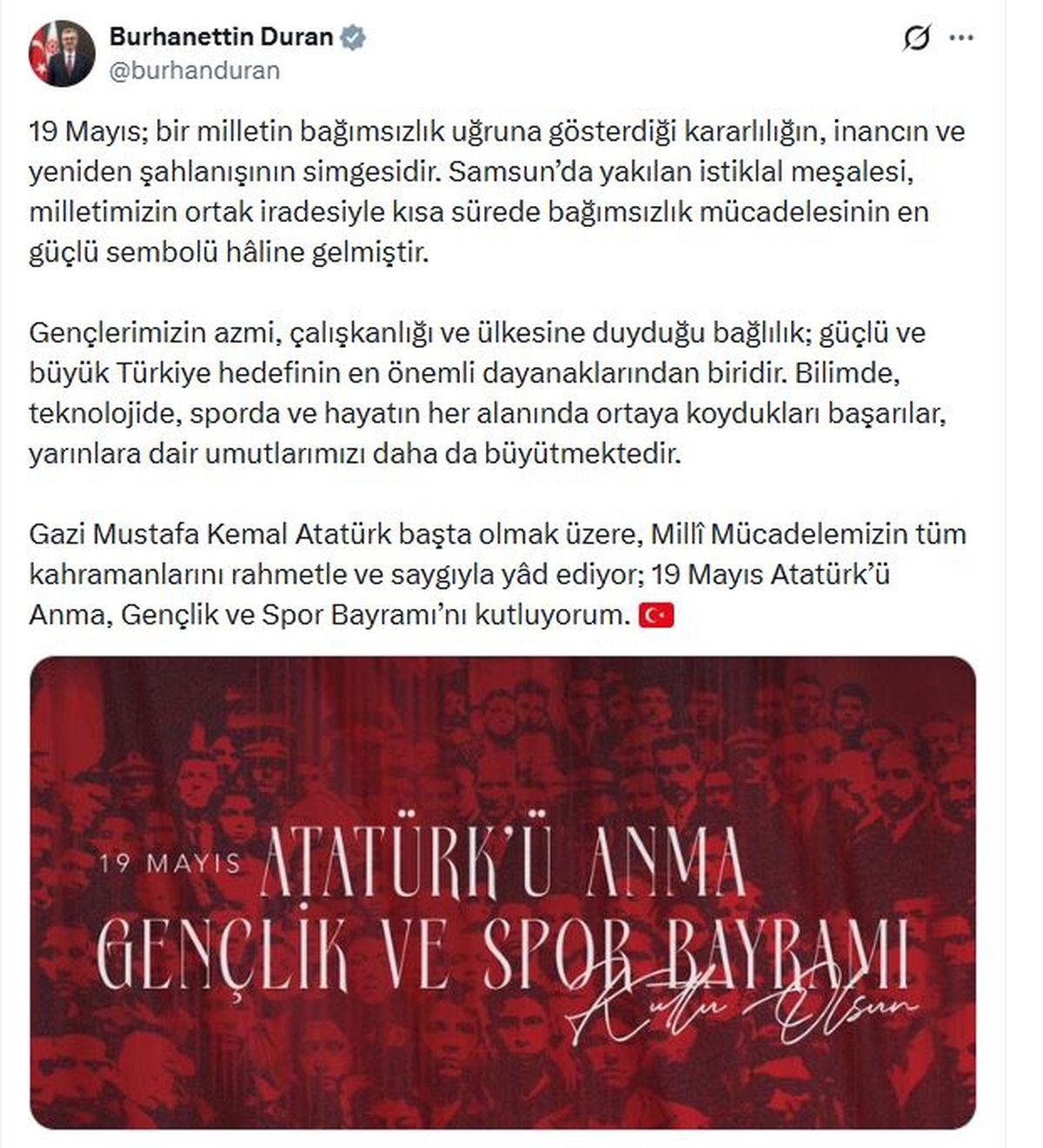 Duran\'dan 19 Mayıs Mesajı