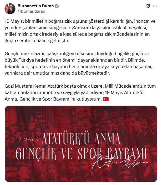Duran'dan 19 Mayıs Mesajı