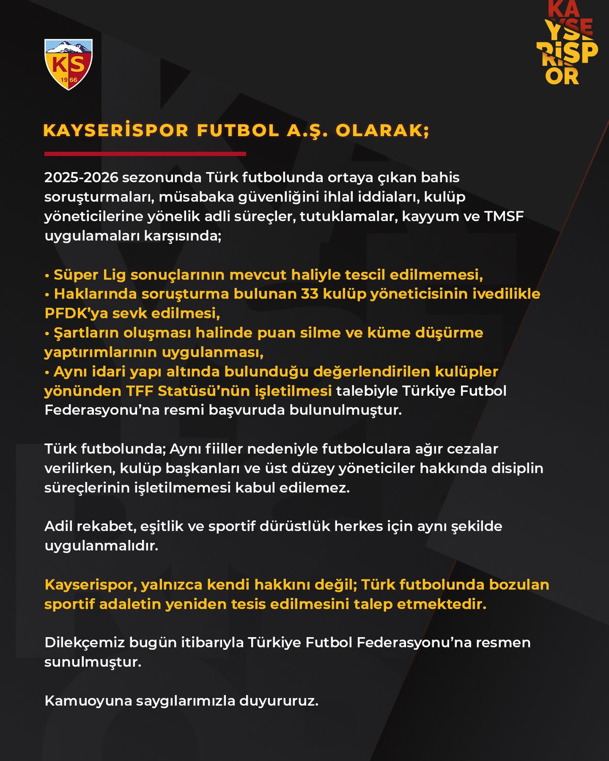 Kayserispor\'dan TFF\'ye Başvuru