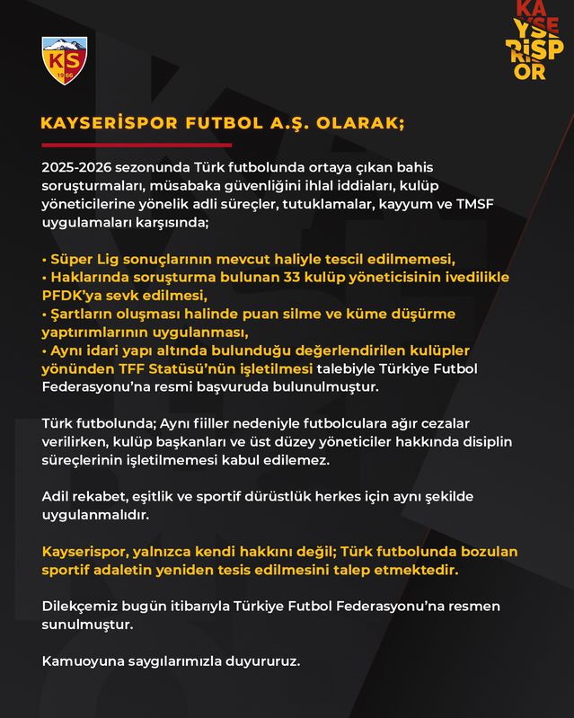 Kayserispor'dan TFF'ye Başvuru