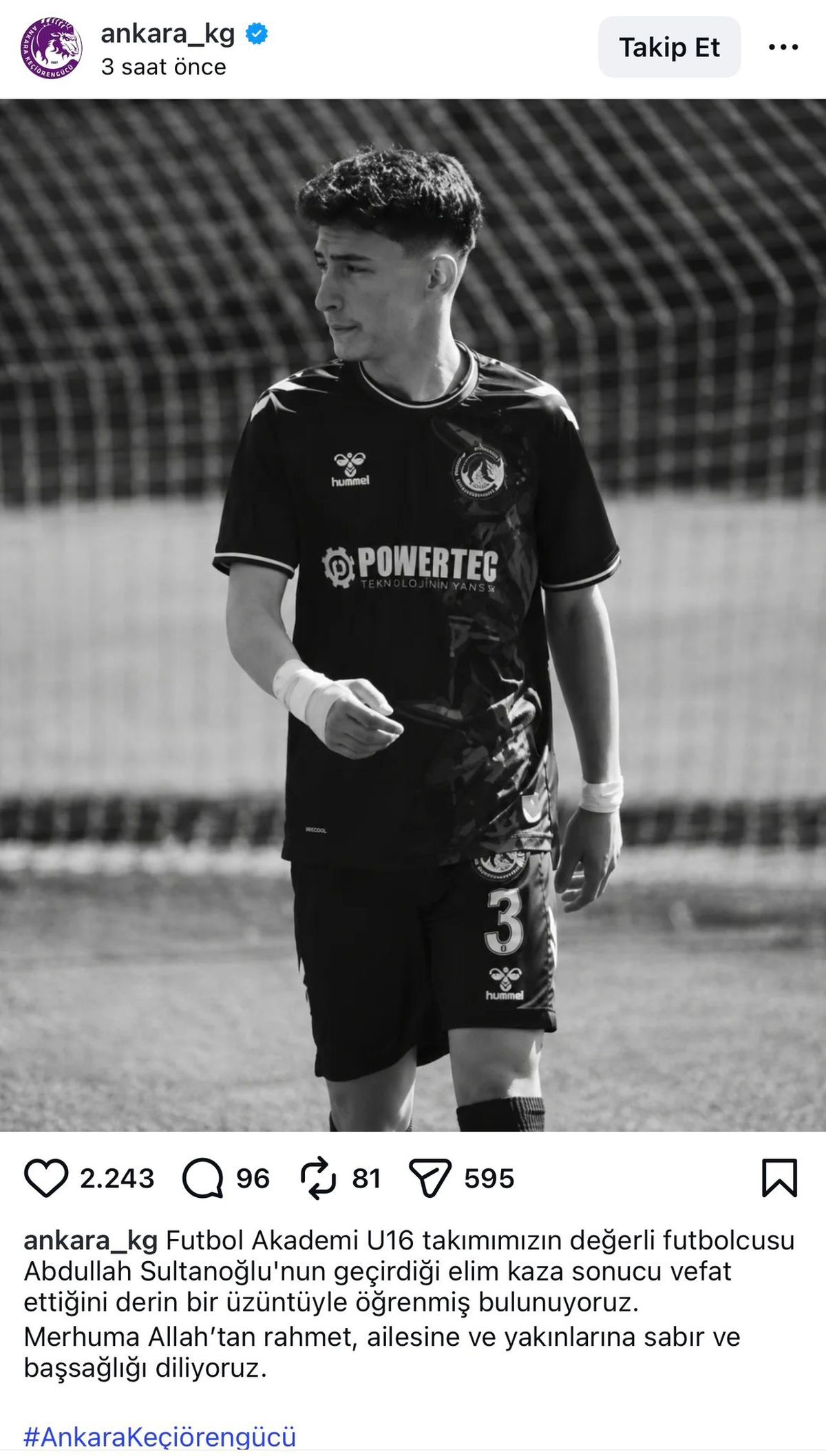 Genç Futbolcu Kaza Sonucu Hayatını Kaybetti