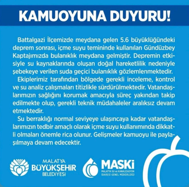 Deprem sonrası Malatya’da kritik alarm! Yetkililer “içmeyin” dedi