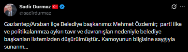 MHP, Araban Belediye Başkanını parti listesinden düşürdü