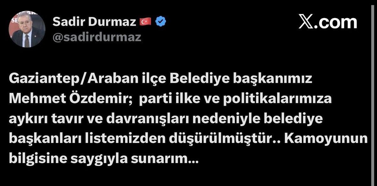 MHP, Araban Belediye Başkanını parti listesinden düşürdü