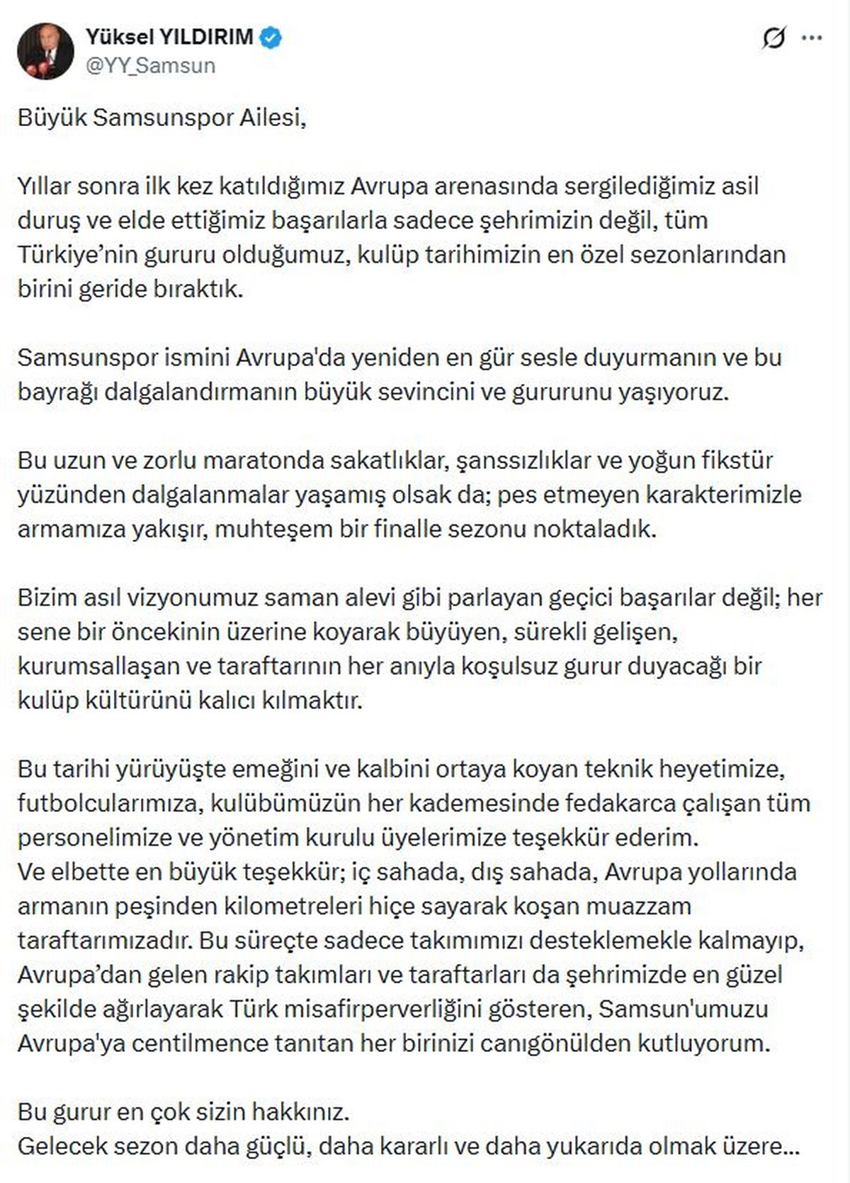 Samsunspor'dan Kalıcı Başarı Vurgusu