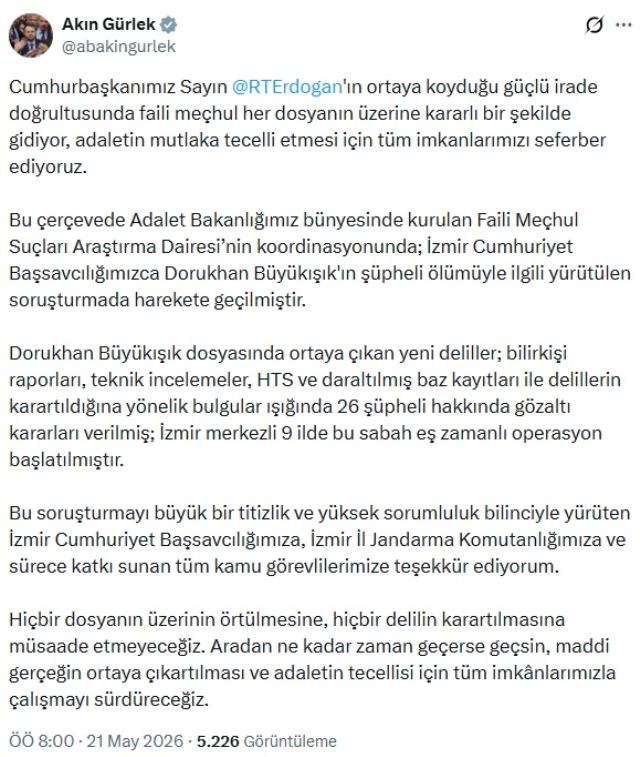 Dorukhan Büyükışık soruşturmasında 26 şüpheli hakkında gözaltı kararı verildi