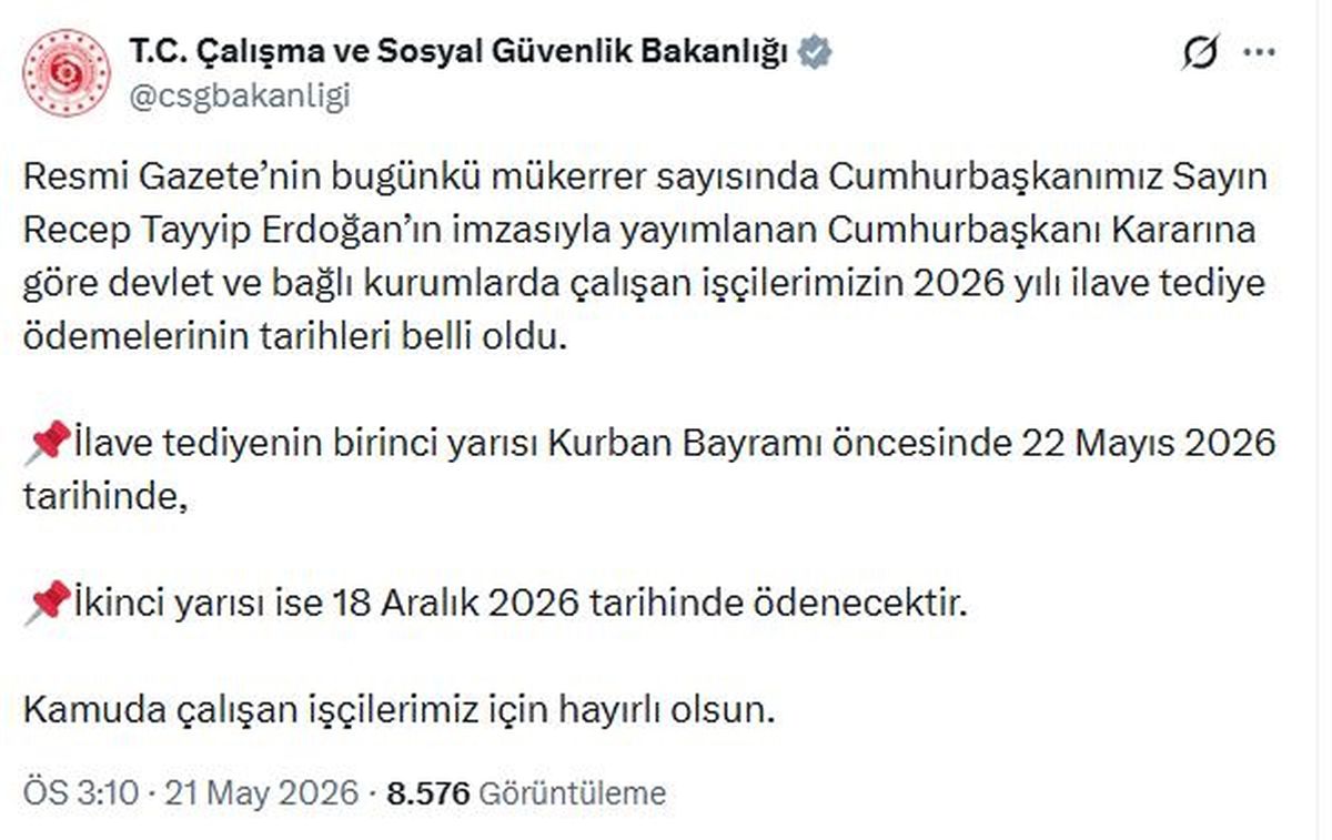 Kamu işçilerine 2026 ilave tediye ödeme tarihleri belli oldu