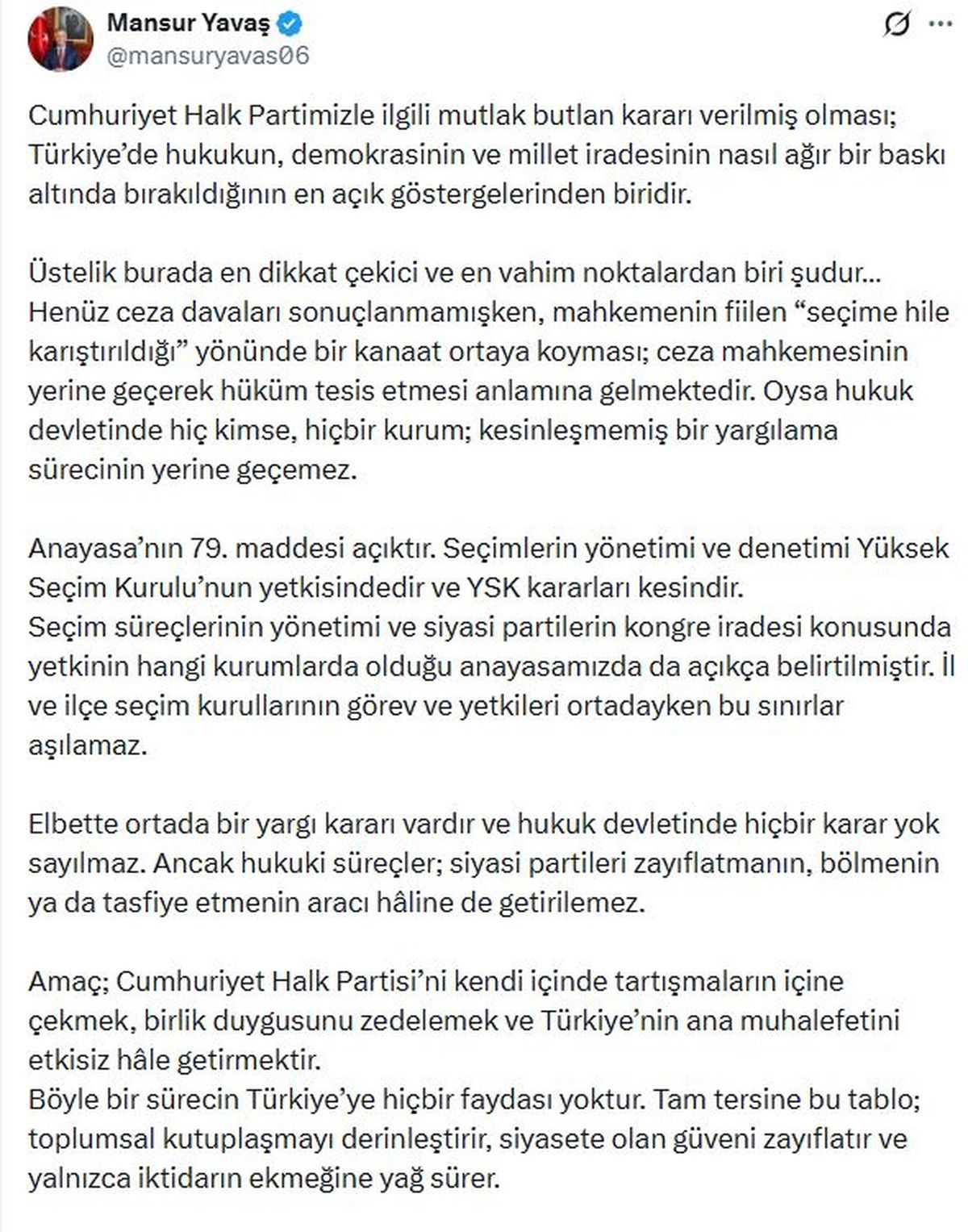 Yavaş\'tan CHP\'ye Kongre Çağrısı