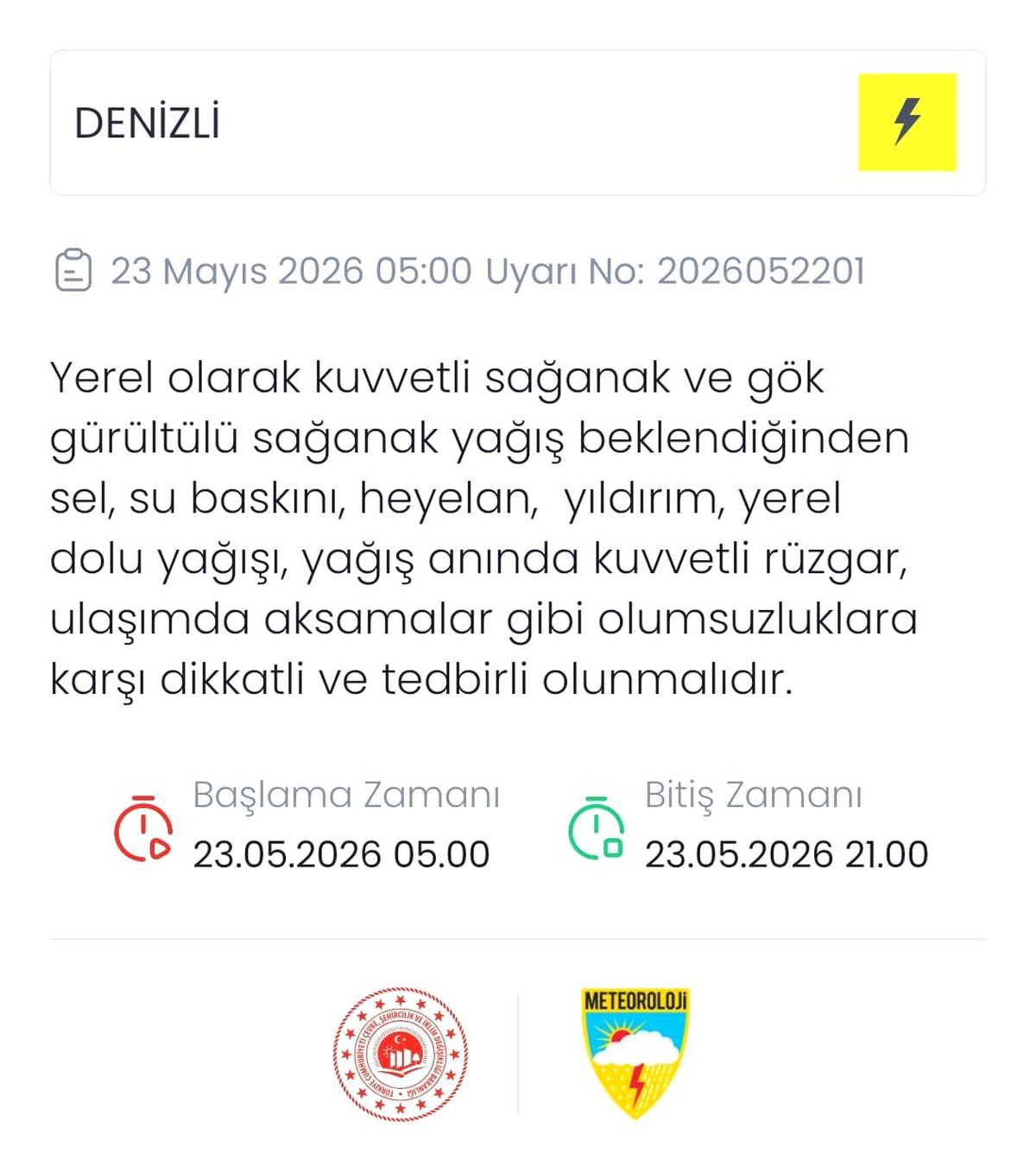 Denizli İçin Kuvvetli Yağış Uyarısı