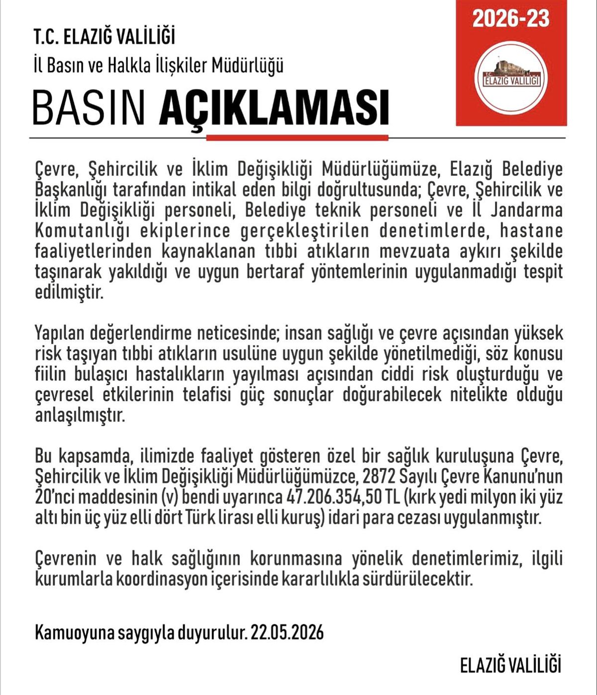 Elazığ\'da özel bir hastaneye 47 milyon lira ceza kesildi