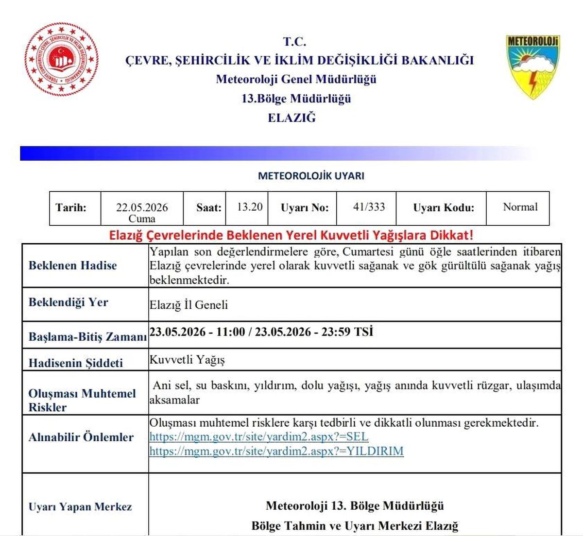 Elazığ\'a Kuvvetli Yağış Uyarısı