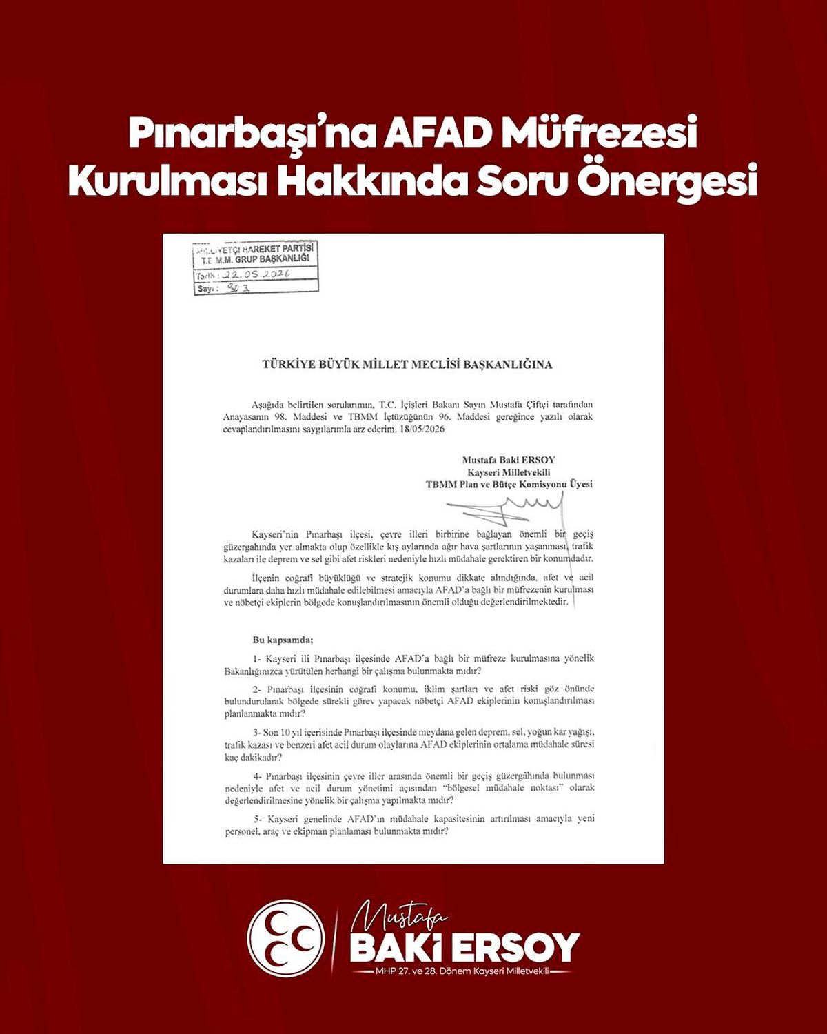 MHP\'li Ersoy, Pınarbaşı\'na AFAD Müfreze Talep Etti