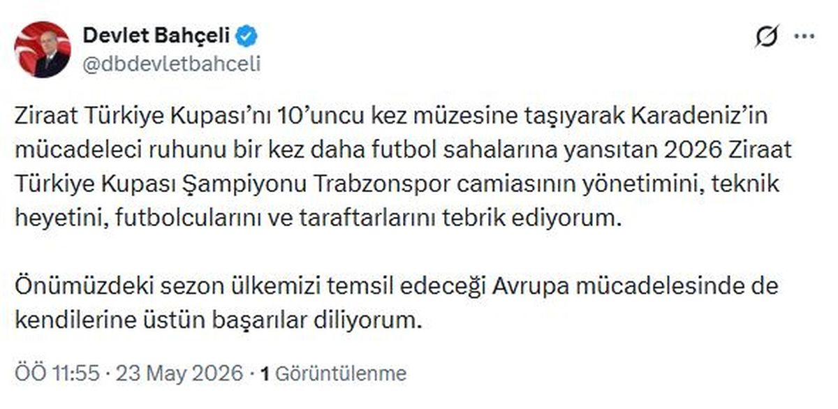 Bahçeli\'den Trabzonspor\'a Tebrik