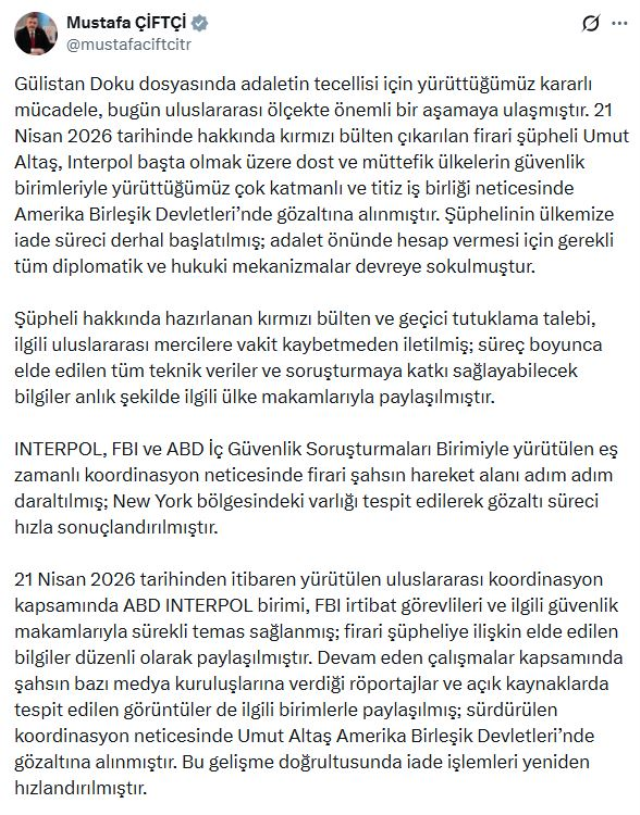 Bakan Çiftçi'den firari Umut Altaş'ın Türkiye'ye iadesine ilişkin açıklama
