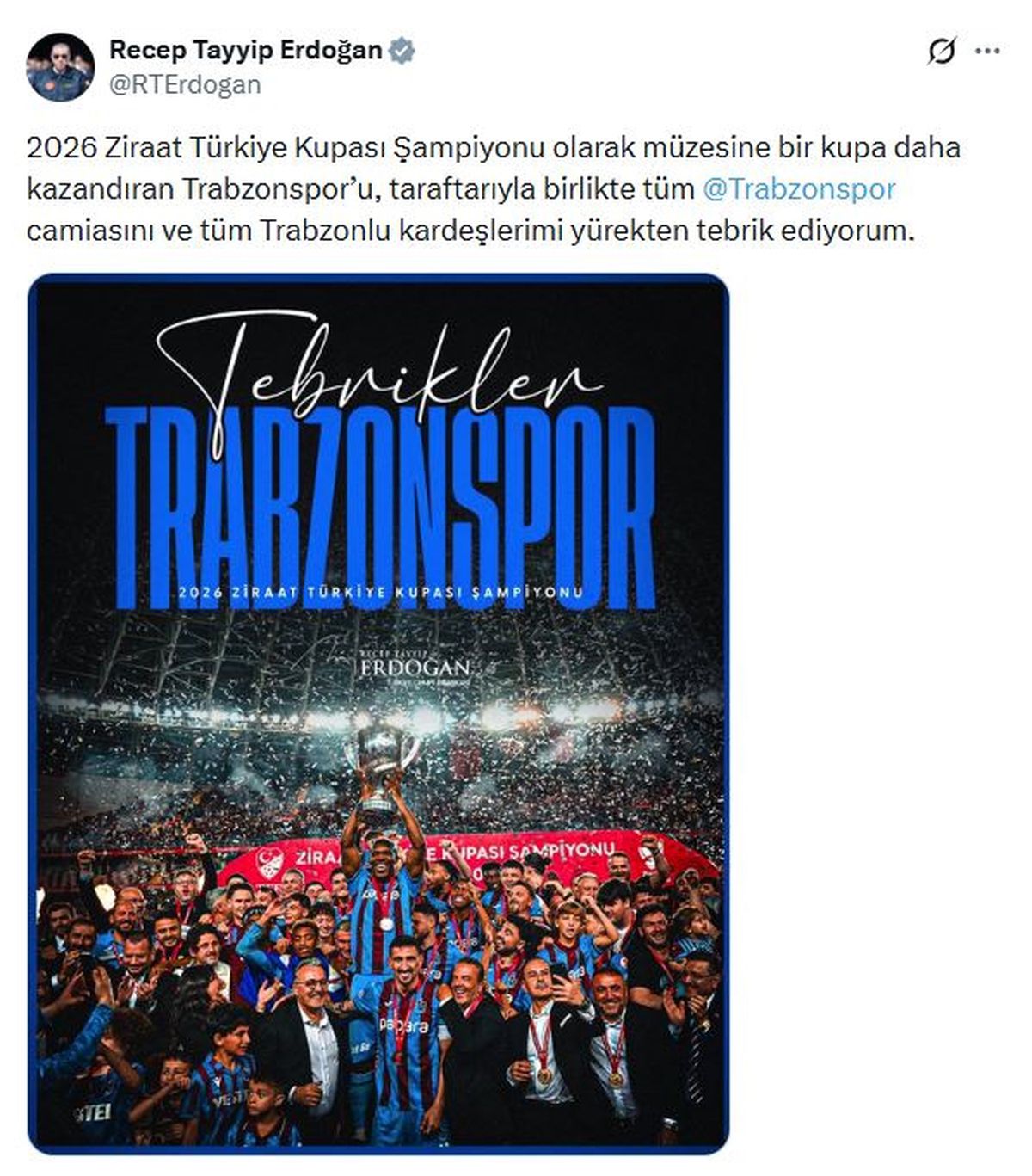 Erdoğan\'dan Trabzonspor\'a kupa tebriği