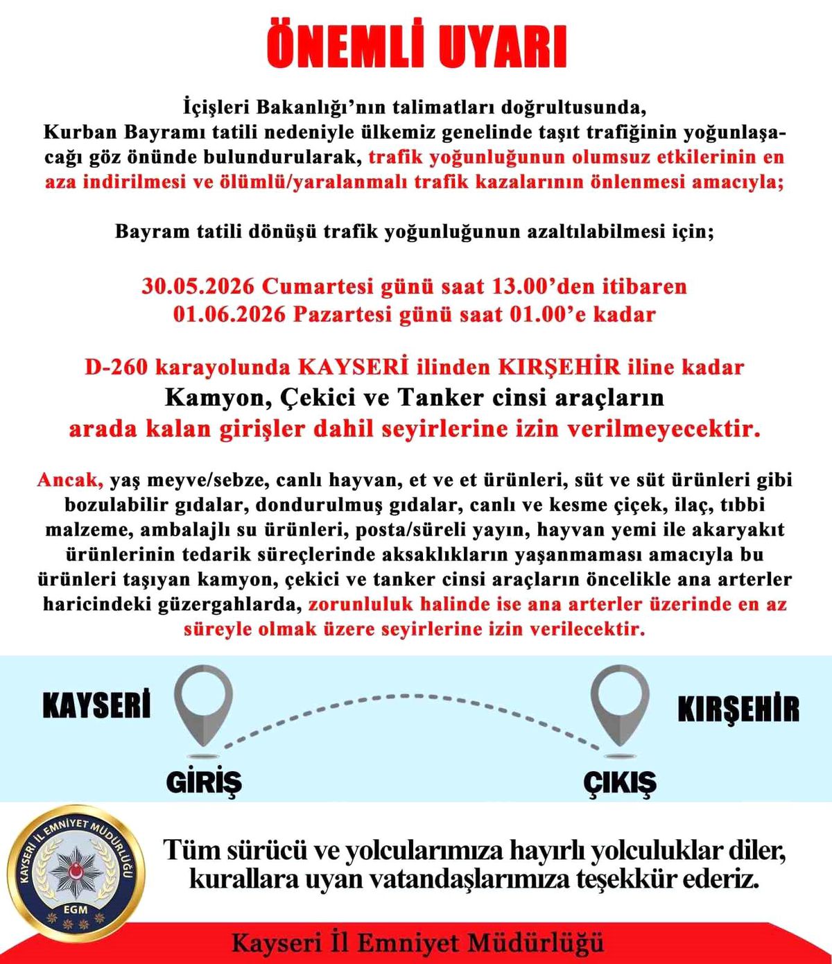 Bayram Dönüşü D-260\'da Kamyon Trafiğine Kısıtlama