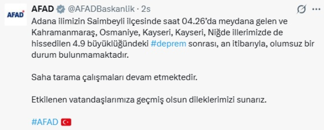 Adana'da 4.9 büyüklüğünde deprem! Sarsıntı çevre illerde de hissedildi