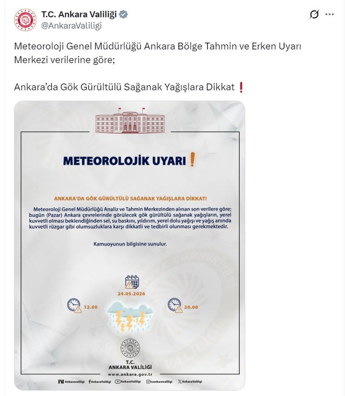 Ankara\'da Sağanak Yağış Uyarısı