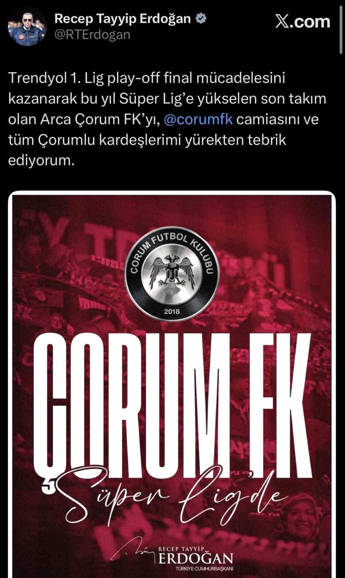 Erdoğan’dan Arca Çorum FK’ya tebrik