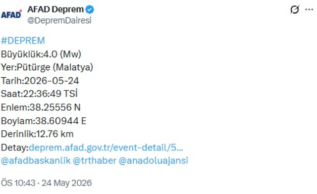 Malatya'nın Pütürge ilçesinde 4 büyüklüğünde deprem