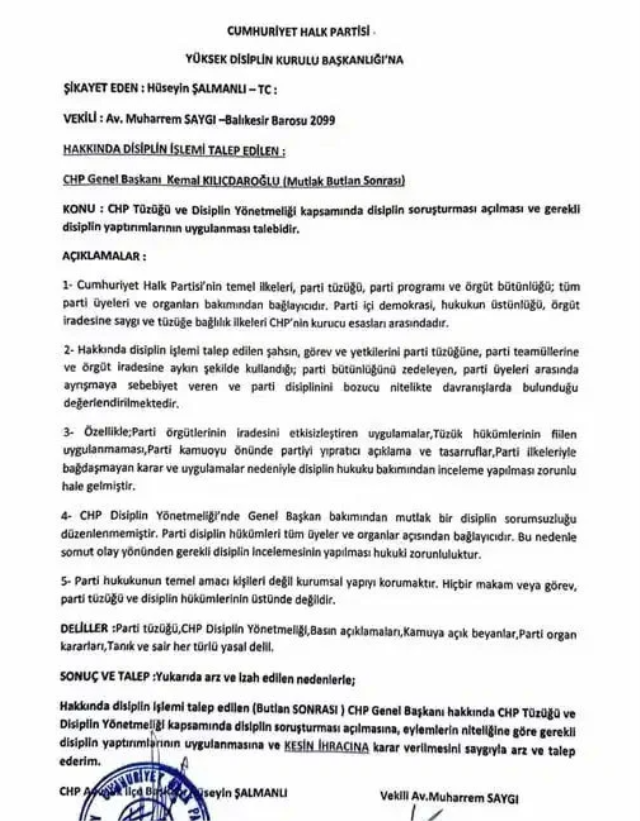CHP'li başkandan Kılıçdaroğlu hakkında kesin ihraç talebi