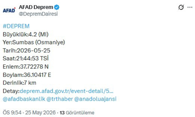 Osmaniye'de 4.2 büyüklüğünde deprem