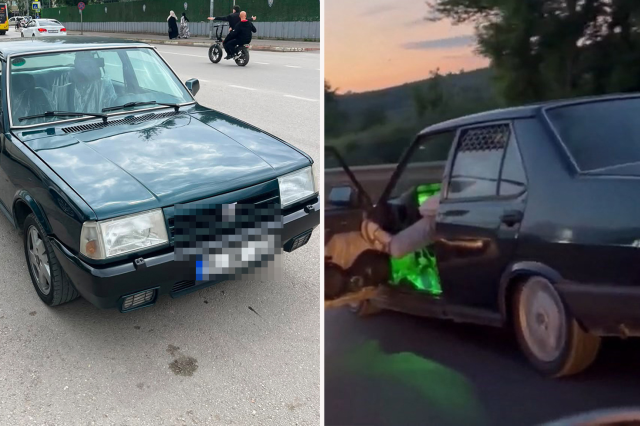 Otomobilinin sol ön kapısını açıp ayağıyla tutarak trafikte ilerledi