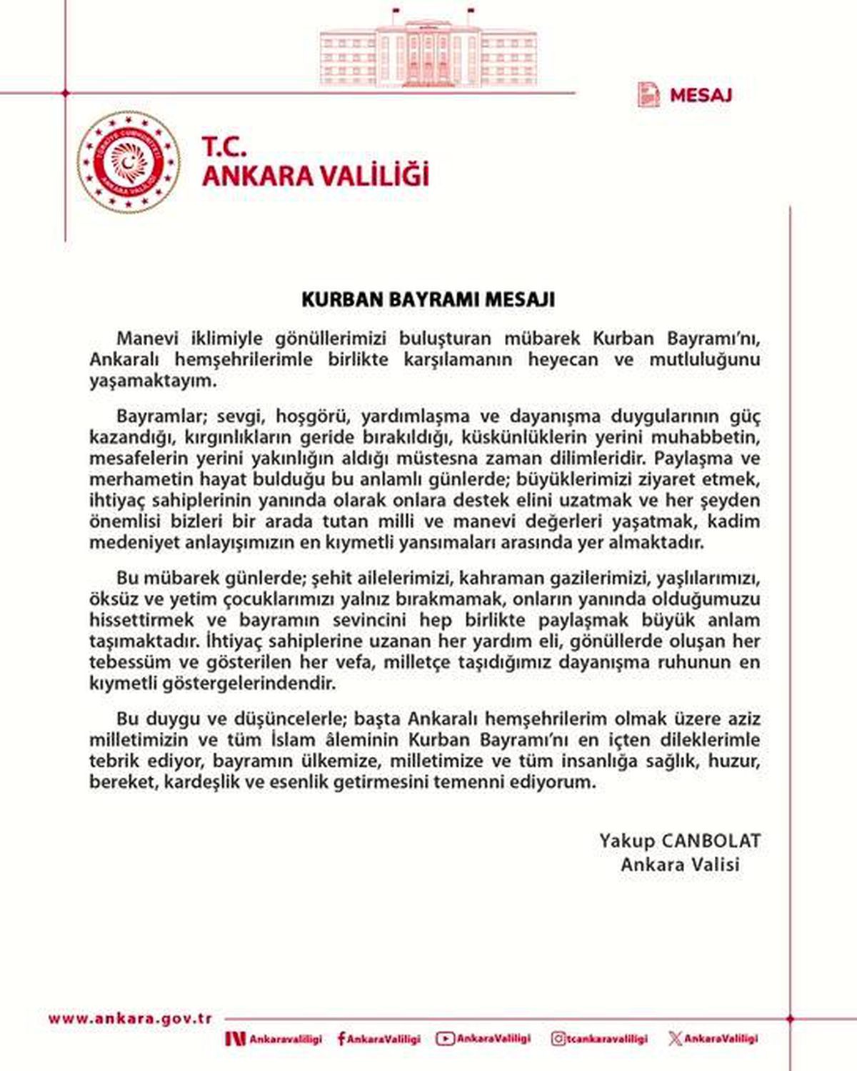 Ankara Valisi\'nden Kurban Bayramı mesajı