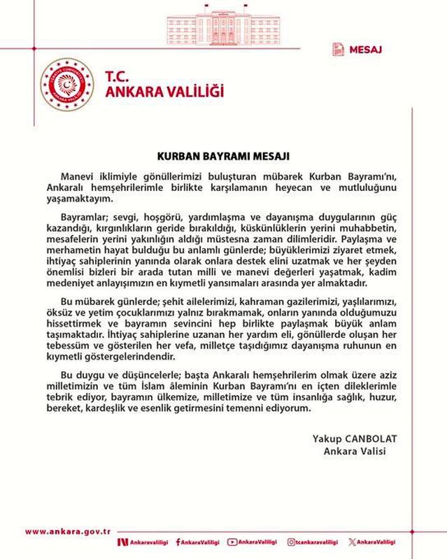 Ankara Valisi Canbolat'tan Kurban Bayramı mesajı