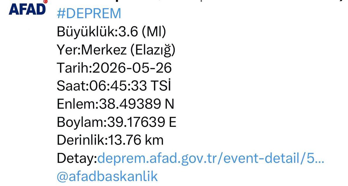 Elazığ\'da 3.6 büyüklüğünde deprem