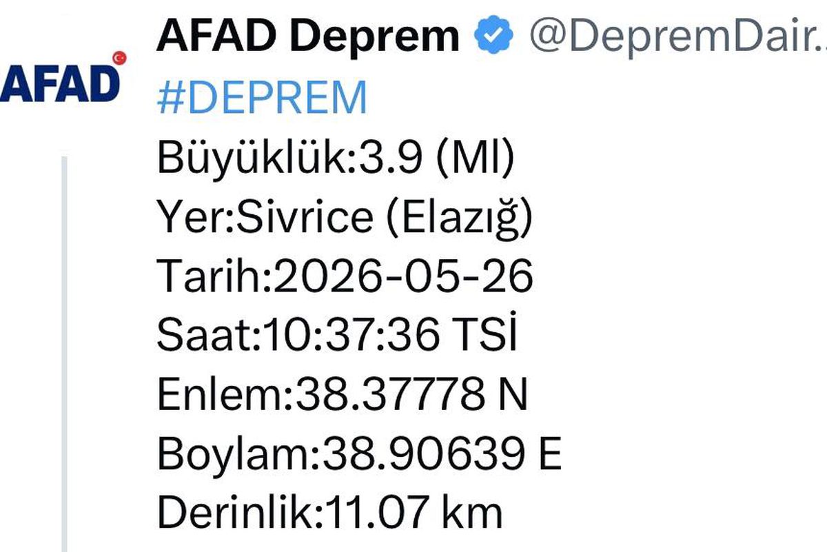 Elazığ\'da 3.9 Büyüklüğünde Deprem