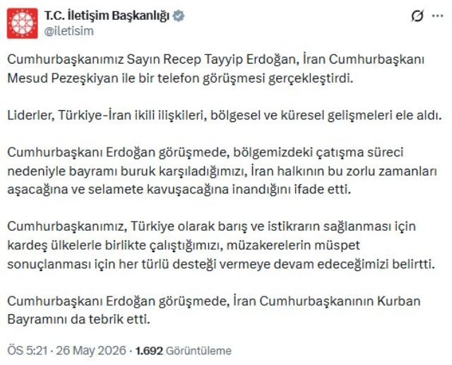 Erdoğan, Pezeşkiyan ile telefonda görüştü