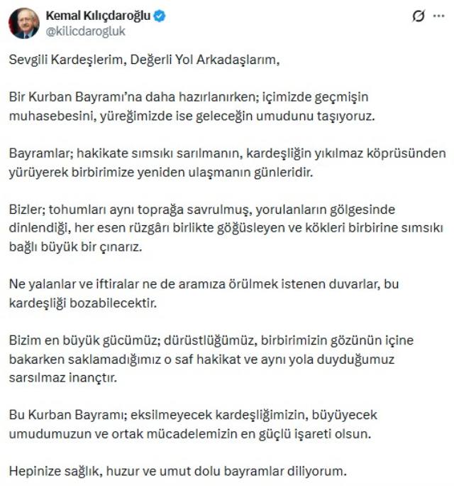 Kemal Kılıçdaroğlu'ndan Kurban Bayramı mesajı