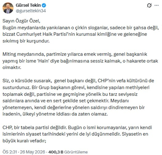 Kılıçdaroğlu için atılan sloganlara Gürsel Tekin'den sert tepki