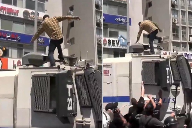Özel’in mitinginde büyük gerginlik! TOMA’nın üzerine çıkıp tekmeler salladı