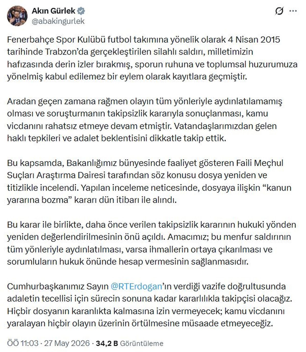 Fenerbahçe\'ye silahlı saldırı dosyası yeniden incelenecek