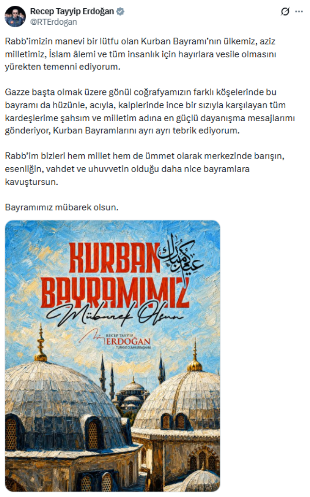 Cumhurbaşkanı Erdoğan'dan bayram mesajı: Netanyahu zalimi gereken dersi alacaktır