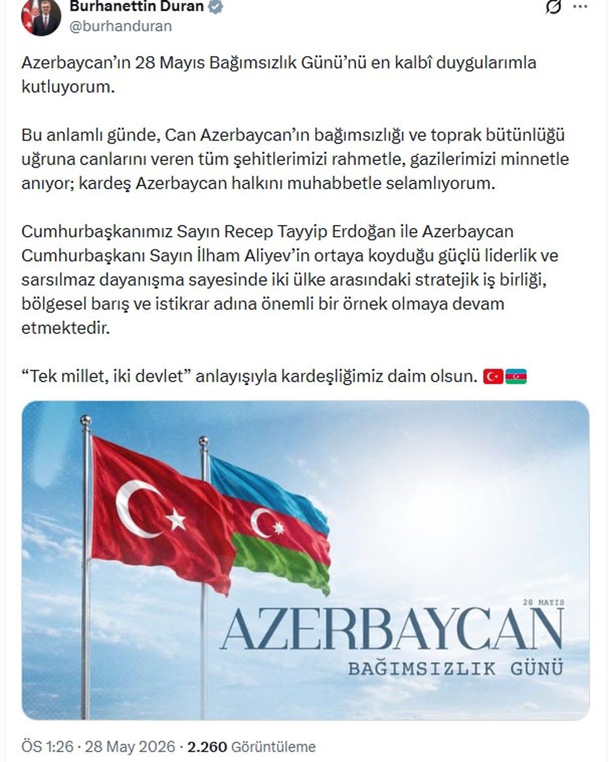 İletişim Başkanı Duran\'dan \'Azerbaycan Bağımsızlık Günü\' paylaşımı